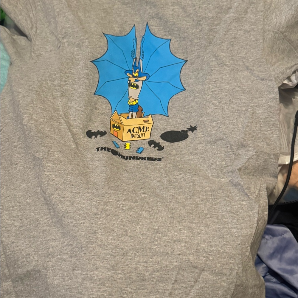 Gray and Blue Short Sleeve Tee with Cartoon Graphic